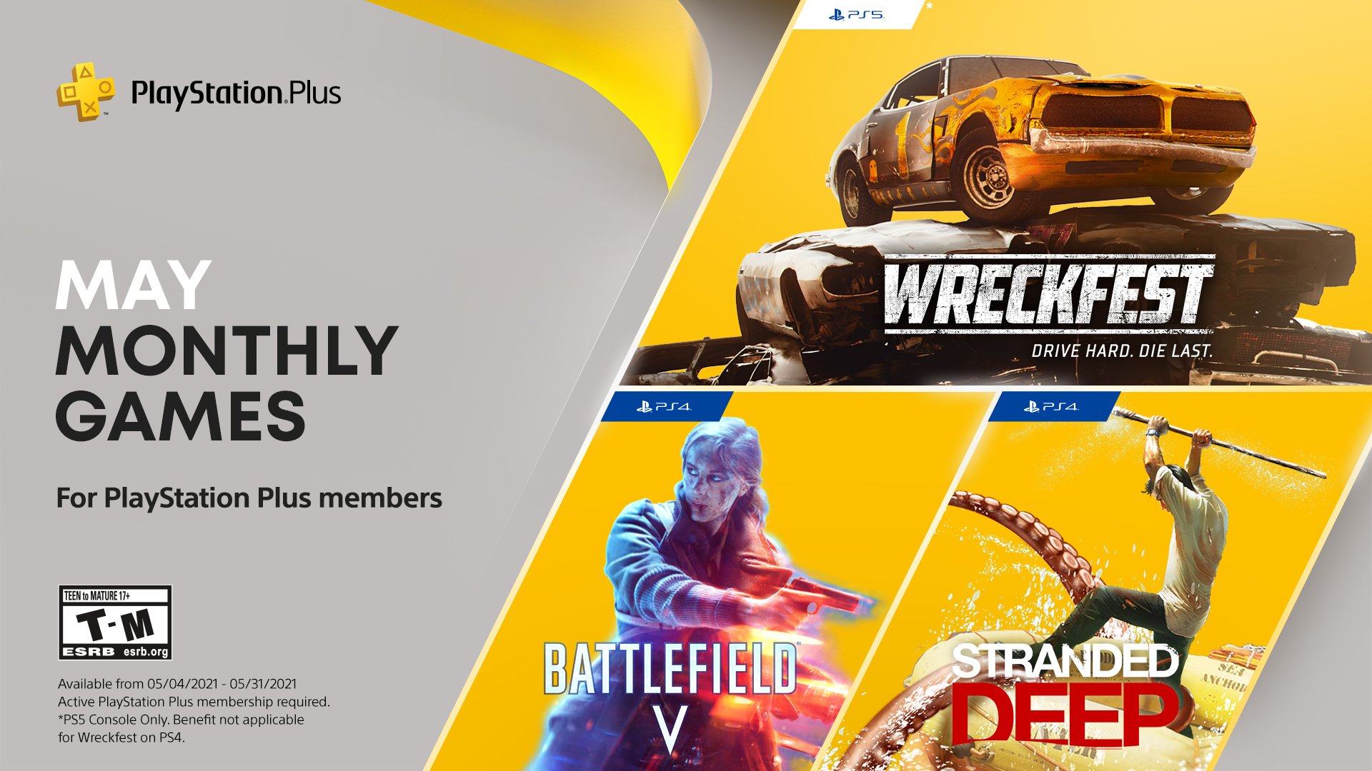 PlayStation's PS Plus Games for May Include Wreckfest and Battlefield V